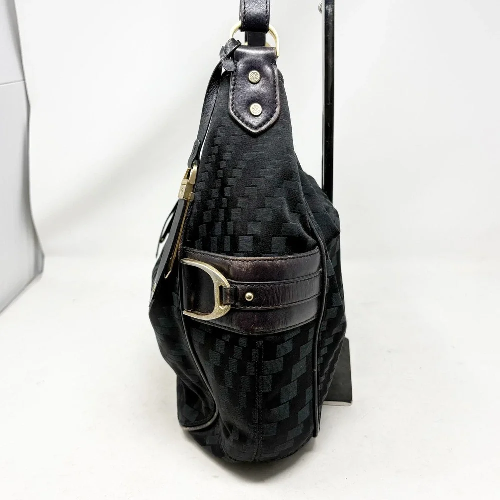 Cole Haan Black Checkered Fabric Leather Hobo Bag Tassel Gold Hardware